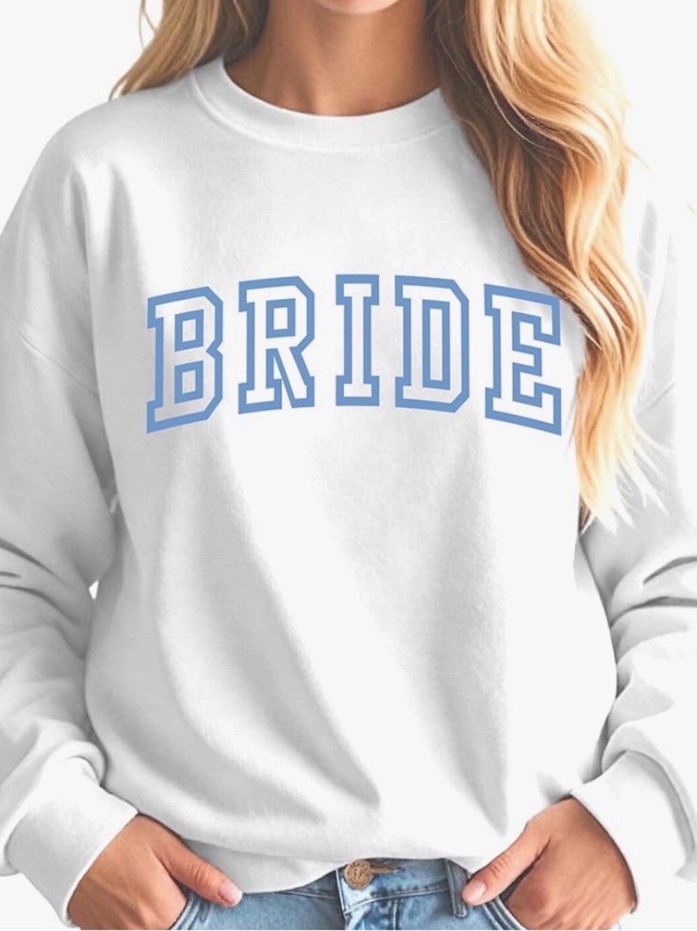 Women's 'Bride' Crewneck Sweatshirt - White with Sky Blue Lettering